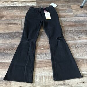 Girls Black Stretch Distressed Flared Jeans Size 7